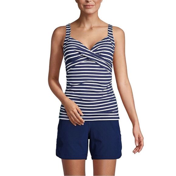 Land’s End Plus Regular Vneck wrap underwire tankini top navy media stripe Var - Picture 3 of 8